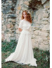 Elbow Sleeve Beaded Ivory Lace Chiffon Wedding Dress